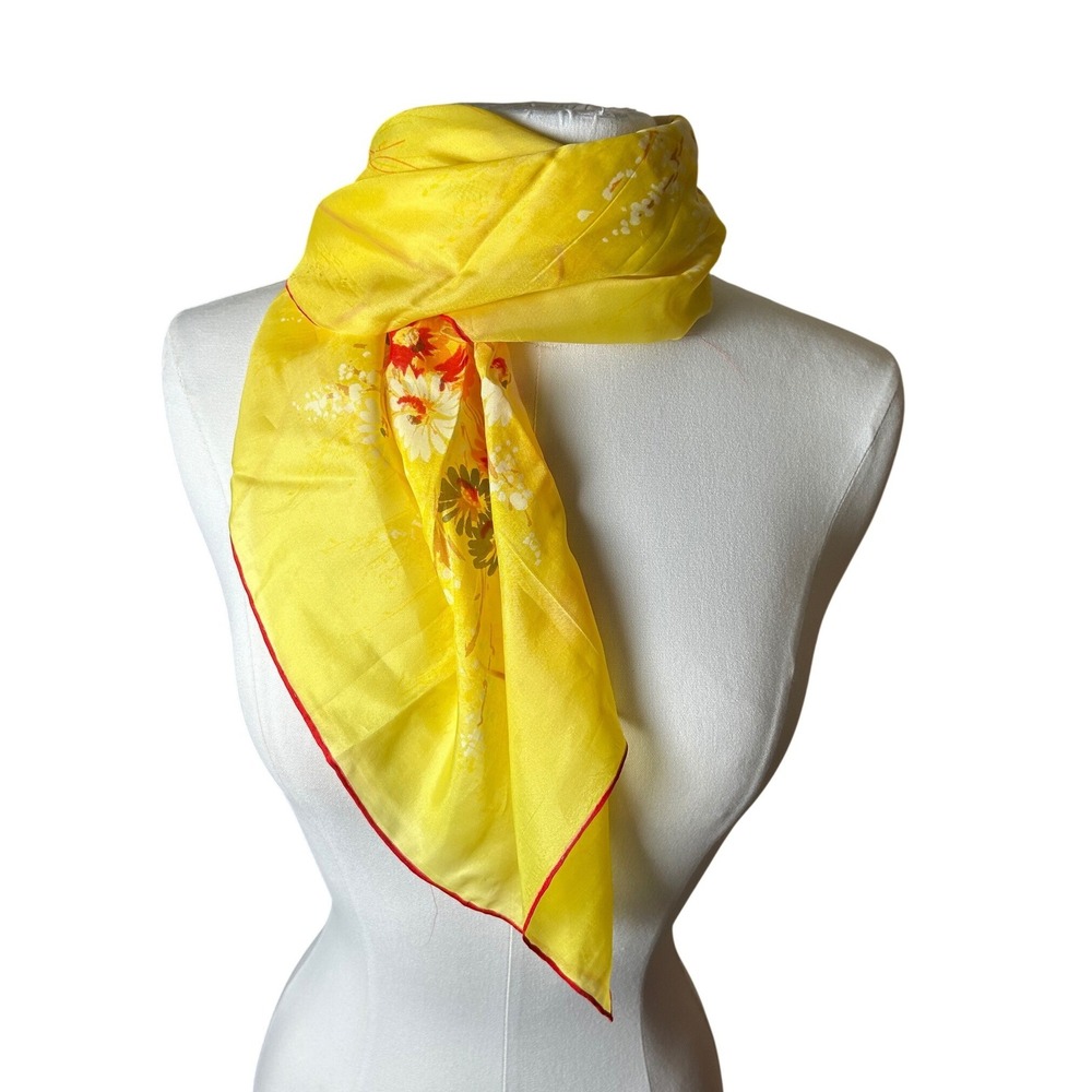 Vintage Yellow Floral Daisy Square Scarf Rayon Silk Hand Rolled Mod Boho‎
